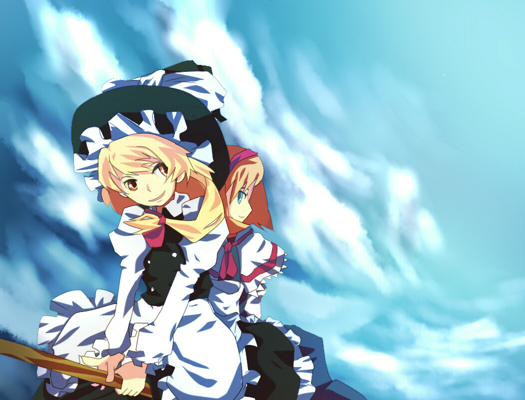 murani, alice margatroid, kirisame marisa, touhou, 2girls, blonde hair, broom, broom riding, female focus, hat, multiple girls, ribbon