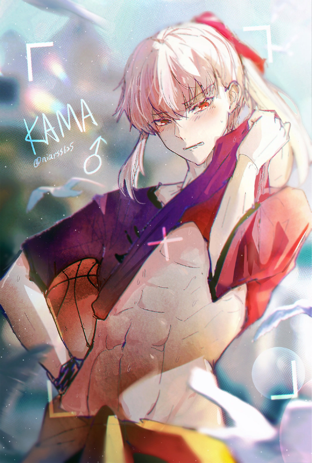 niarss, kama (fate), kama (male) (fate), fate/grand order, fate (series), bilingual commentary, chinese commentary, commentary, highres, mixed-language commentary, 1boy, abs, artist name, ball, basketball (object), bird, blush, character name, genderswap, genderswap (ftm), holding, holding ball, male focus, navel, outdoors, ponytail, purple shirt, recursive genderswap, red eyes, shirt, shy, solo, sweat, toned, toned male, twitter username, white bird, white hair