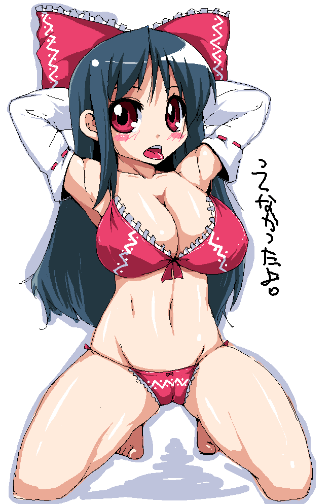 raiden (artist), raiden (raiden labo), hakurei reimu, touhou, 1girl, armpits, bikini, blush, breasts, cameltoe, female focus, full body, huge breasts, large breasts, long hair, oekaki, red bikini, red eyes, simple background, solo, swimsuit, tongue, very long hair, white background