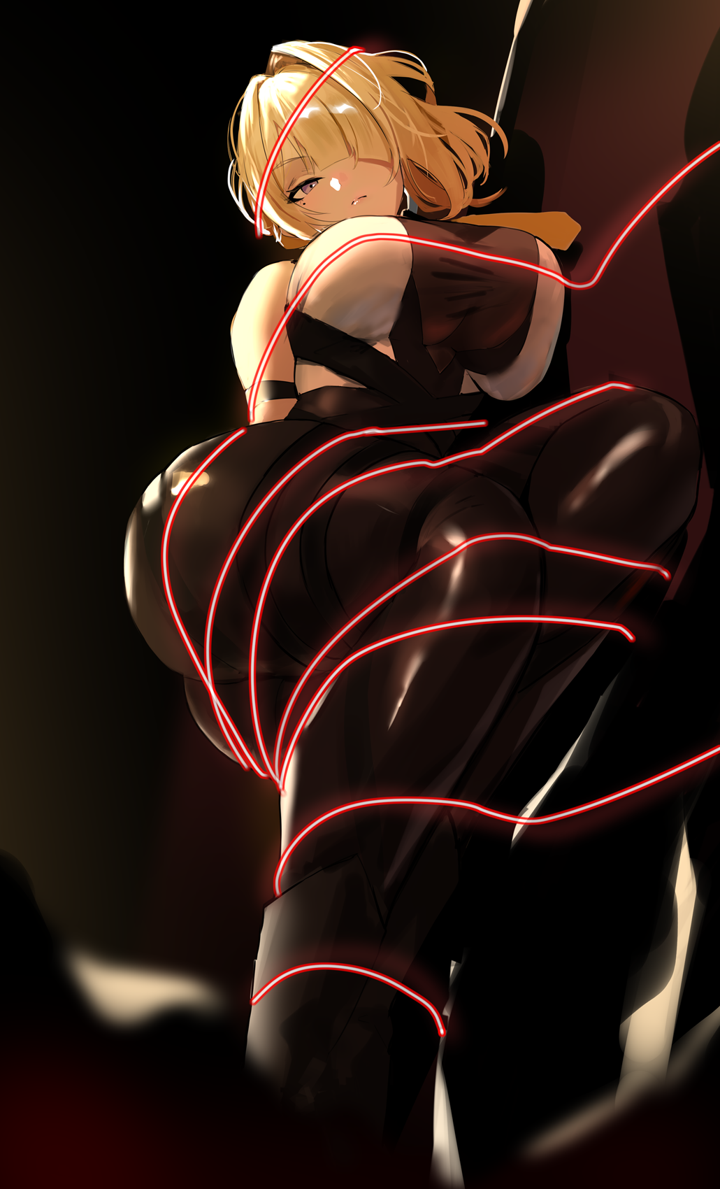 redi (rasec asdjh), evelyn chevalier, zenless zone zero, highres, revision, 1girl, ass, black panties, blonde hair, breasts, closed mouth, hair over one eye, large breasts, looking at viewer, lying, mole, mole under eye, on side, panties, purple eyes, sideways, underwear