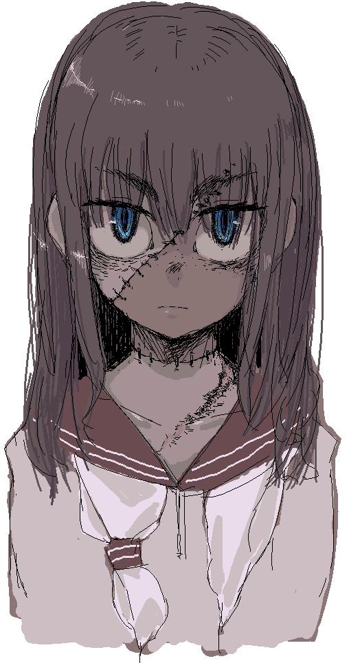 oomori harusame, original, bad id, bad pixiv id, 1girl, blue eyes, brown hair, female focus, long hair, scar, school uniform, serafuku, solo, stitches, zombie