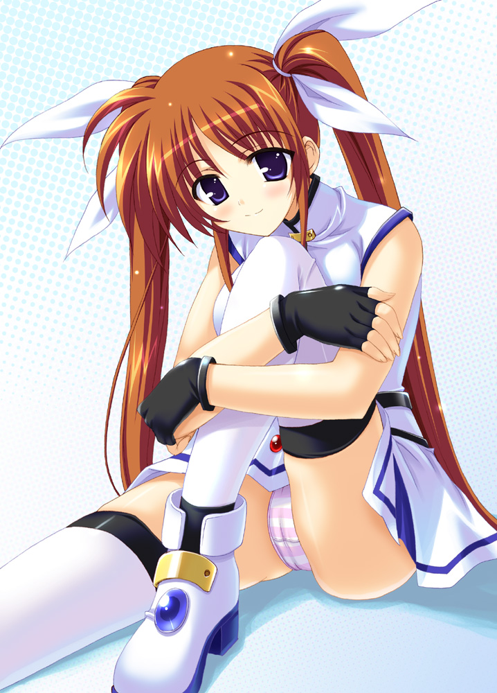 rakkyo, yuumin, takamachi nanoha, lyrical nanoha, mahou shoujo lyrical nanoha, mahou shoujo lyrical nanoha strikers, 00s, 1girl, black gloves, blue eyes, blush, brown hair, cameltoe, female focus, fingerless gloves, gloves, panties, pantyshot, purple eyes, shoes, sitting, solo, striped clothes, striped panties, thighhighs, twintails, underwear, white shoes, white thighhighs
