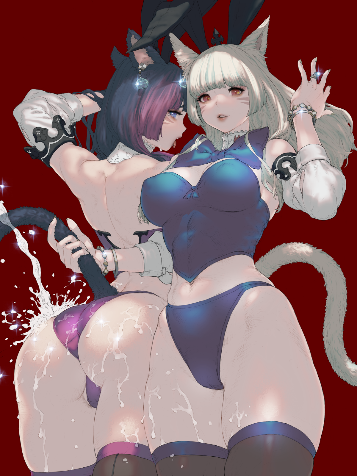 daichan mona, warrior of light (ff14), final fantasy, final fantasy xiv, commentary, highres, 2girls, animal ears, blue eyes, cat ears, cat girl, cat tail, holding another's tail, jewelry, long hair, multiple girls, red background, ring, simple background, tail, tongue, tongue out, wet, white hair