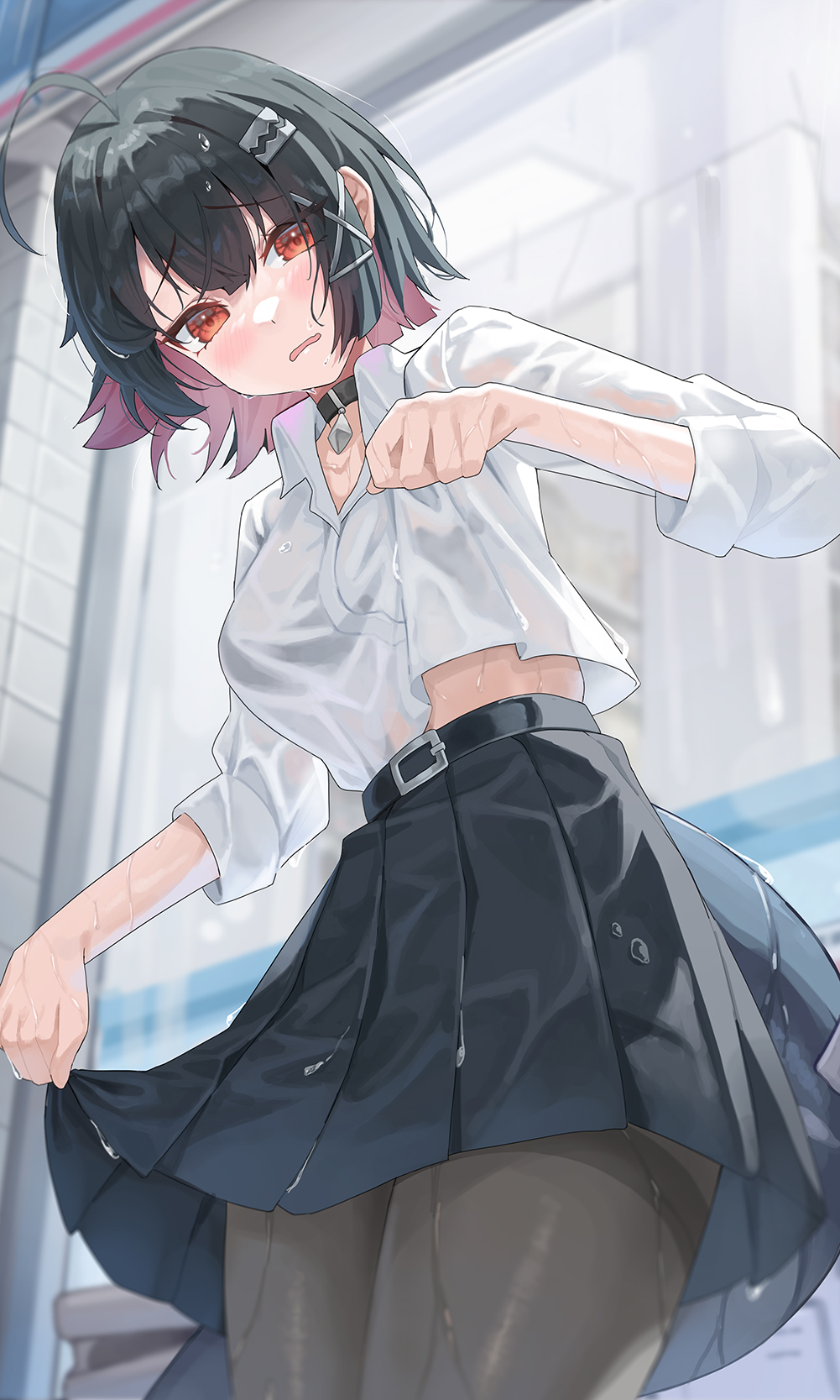 krux (k krux), ellen joe, ellen joe (on campus), zenless zone zero, highres, 1girl, belt, black belt, black choker, black hair, black pantyhose, blush, breasts, choker, colored inner hair, fins, fish tail, frown, large breasts, looking down, multicolored hair, pantyhose, pleated skirt, purple hair, razor blade hair ornament, red eyes, school uniform, shark girl, shark tail, shirt, shirt hold, short hair, skirt, skirt hold, solo, tail, thighband pantyhose, wet, wet clothes, wet shirt, wet skirt, white shirt