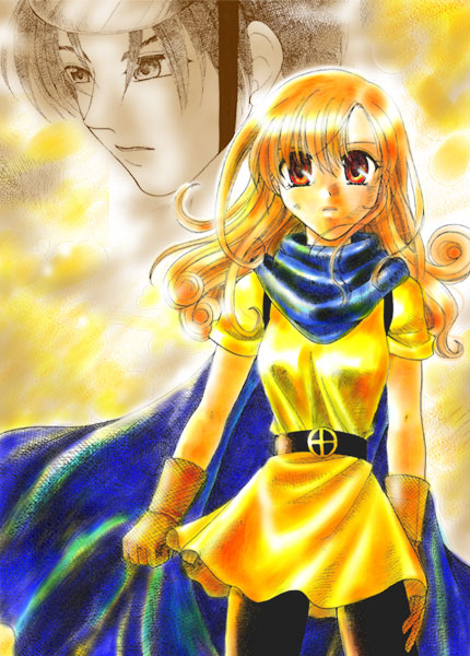 alena (dq4), clift, chunsoft, dragon quest, dragon quest iv, enix, 1boy, 1girl, belt, cape, dress, gloves, pantyhose, red eyes, red hair, skirt, yellow skirt