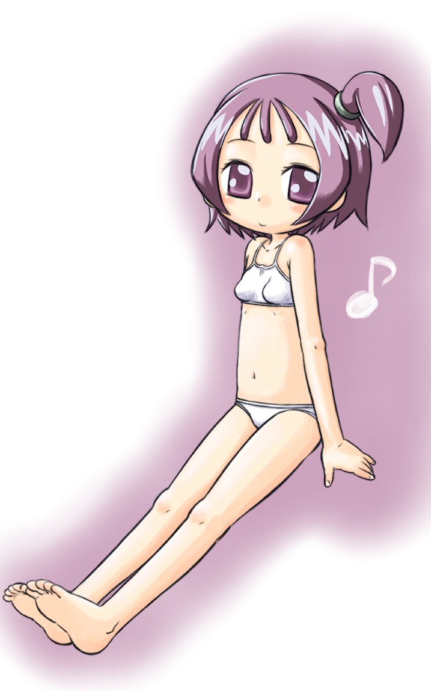 segawa onpu, ojamajo doremi, artist request, 1girl, barefoot, bikini, blush, eighth note, feet, female focus, gradient background, loli, musical note, purple eyes, purple hair, quaver, soles, solo, swimsuit, toes, white bikini