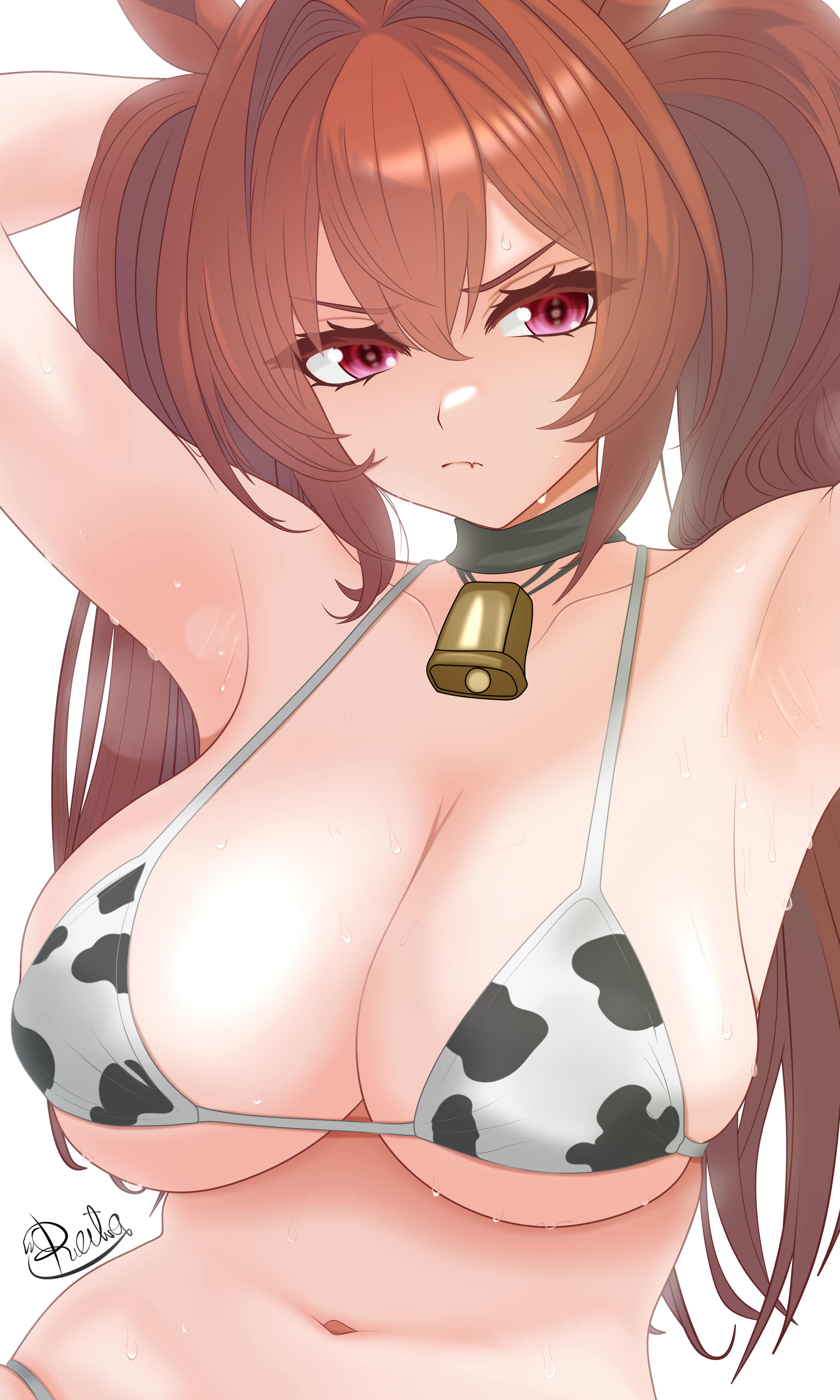 reila nii, daiwa scarlet (umamusume), umamusume, absurdres, commentary request, highres, 1girl, alternate costume, animal ears, animal print, armpits, arms up, bell, bikini, blush, breasts, brown hair, cleavage, closed mouth, cow print, cow print bikini, cowbell, fang, hair intakes, horse ears, horse girl, indonesian commentary, large breasts, long hair, looking at viewer, navel, neck bell, print bikini, red eyes, signature, simple background, skin fang, skindentation, solo, stomach, sweat, swimsuit, upper body, very long hair, white background