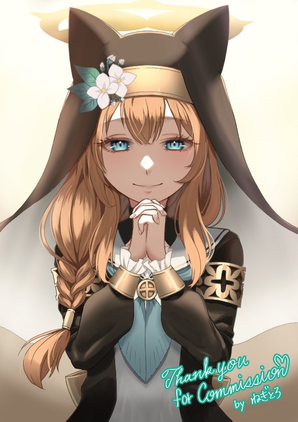 amanegi toro, mari (blue archive), blue archive, 1girl, animal ear fluff, animal ear headwear, animal ears, black veil, blue eyes, blush, cat ears, coif, fake animal ears, flower, hair flower, hair ornament, halo, long hair, long sleeves, looking at viewer, nun, orange hair, smile, solo, veil, white background, white flower, yellow halo