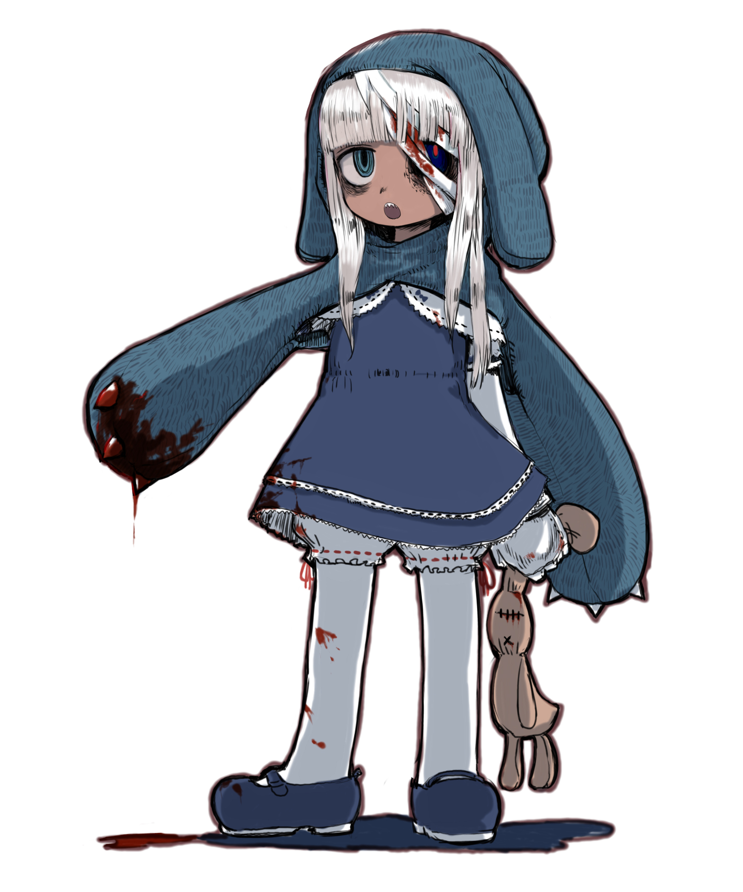 oomori harusame, anorak, original, bad id, bad pixiv id, highres, 1girl, bandages, blood, bloomers, blue eyes, crazy eyes, female focus, hood, long hair, ribbon-trimmed bloomers, ribbon trim, solo, stuffed animal, stuffed rabbit, stuffed toy, underwear, white hair