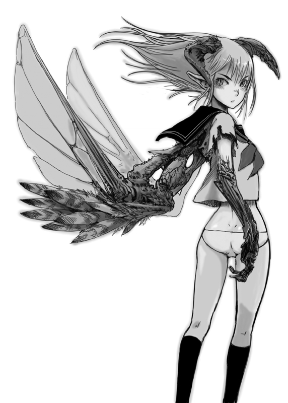 oomori harusame, mutant, bad id, bad pixiv id, 1girl, female focus, greyscale, horns, long hair, monochrome, monster girl, panties, pointy ears, school uniform, serafuku, socks, solo, torn clothes, underwear, wings