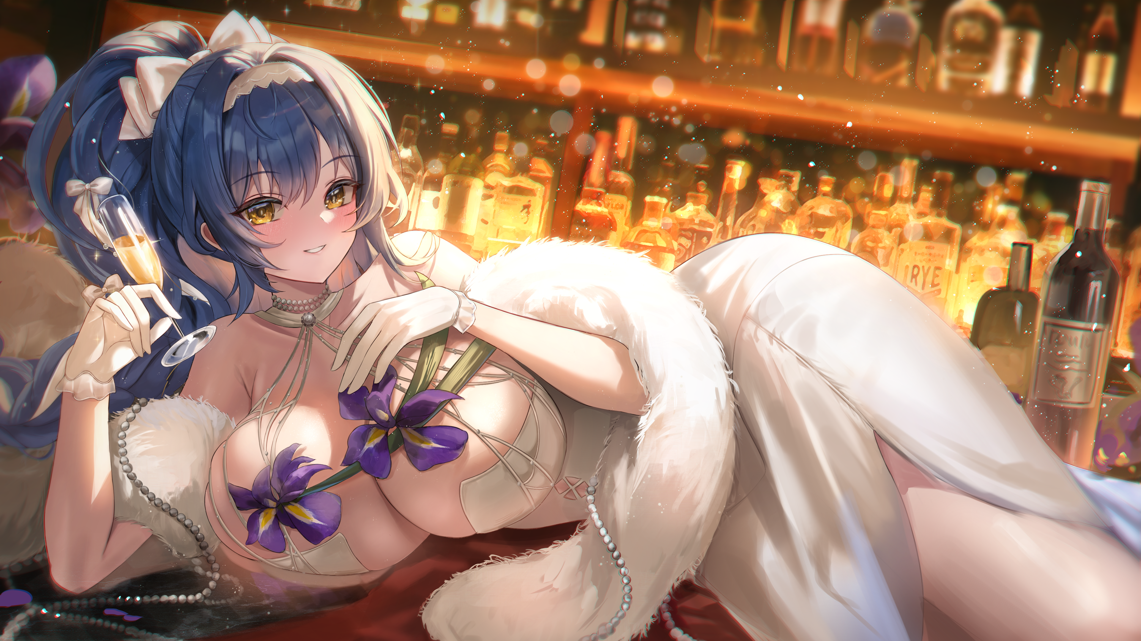 starlip, tar-21 (girls' frontline), girls' frontline, absurdres, commentary, highres, 1girl, alcohol, alternate costume, alternate hairstyle, blue hair, blush, bow, breasts, champagne flute, cleavage, cup, dress, drinking glass, feather boa, hair bow, hair ornament, holding, holding cup, large breasts, long hair, looking at viewer, lying, on side, smile, solo, thighs, white bow, white dress, yellow eyes
