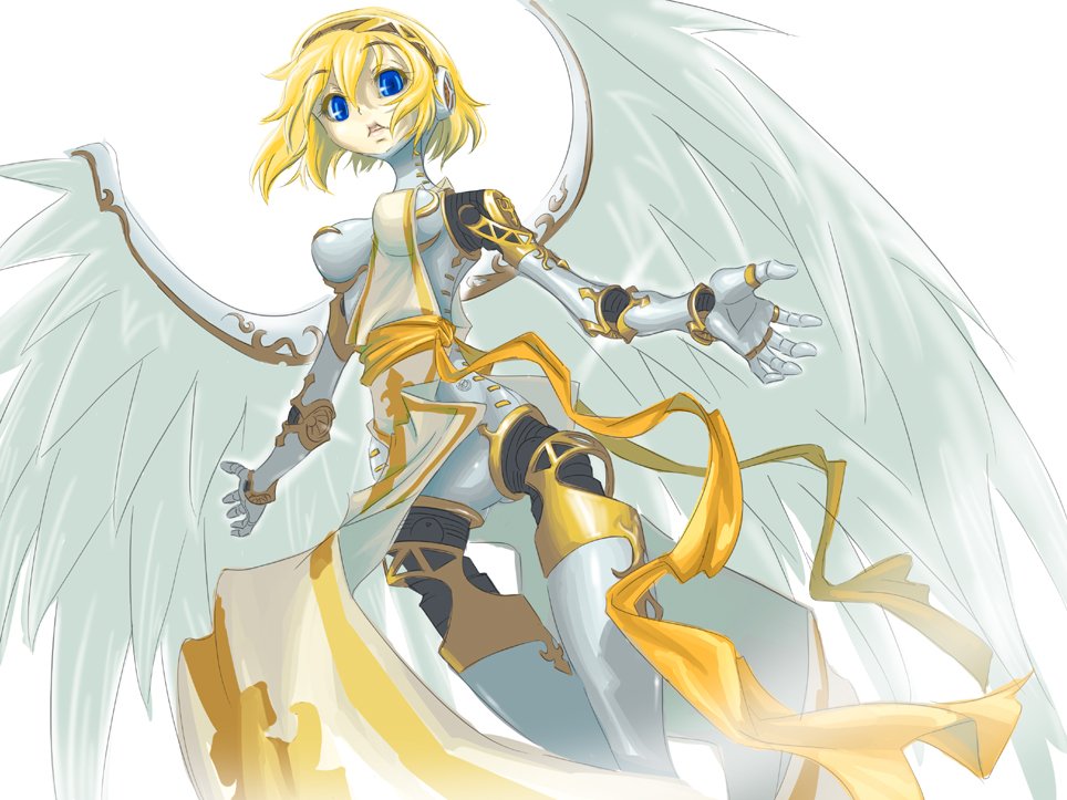 indee, aigis (persona), metatron (megami tensei), atlus, persona, persona 3, 1girl, android, angel, blonde hair, blue eyes, cosplay, female focus, short hair, solo, wings