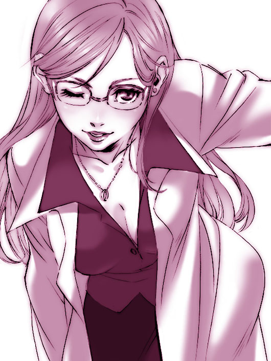 kayo, bad id, bad pixiv id, 1girl, bent over, breasts, cleavage, female focus, glasses, jewelry, lab coat, lips, lipstick, long hair, makeup, monochrome, necklace, one eye closed, pencil skirt, purple theme, skirt, solo, wink