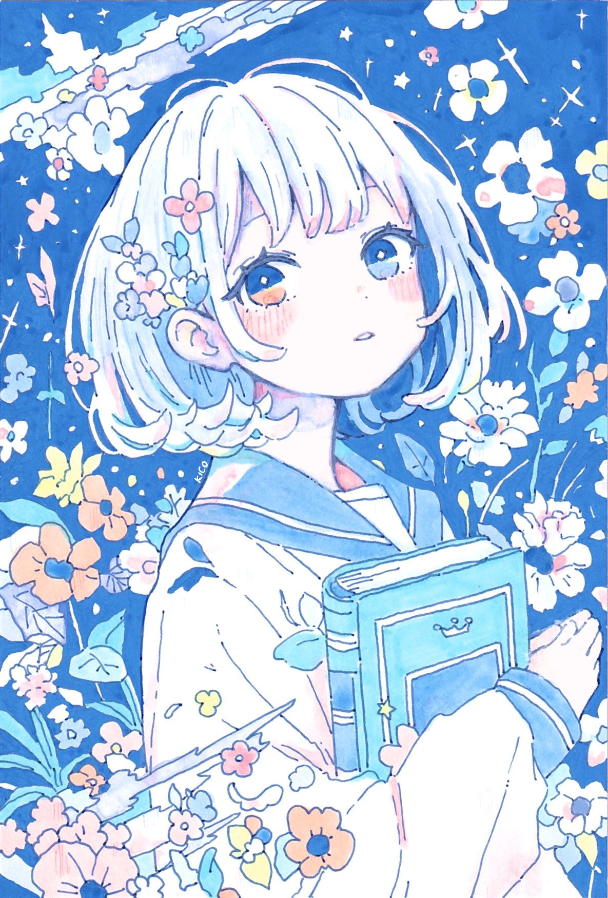 kico (illmaticblue), original, commentary, highres, symbol-only commentary, 1girl, blue background, blue eyes, blue sailor collar, blush, book, flower, holding, holding book, long sleeves, looking at viewer, parted lips, sailor collar, shirt, short hair, upper body, white hair, white shirt