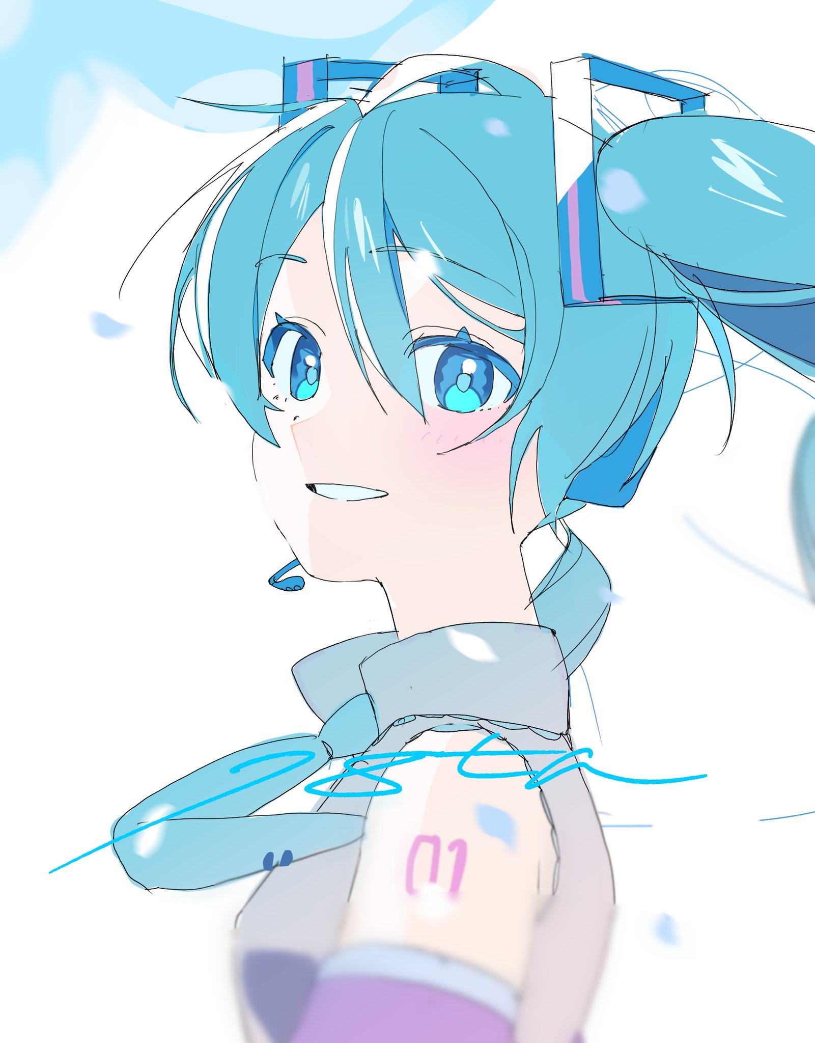womiriguramu, hatsune miku, vocaloid, commentary request, highres, 1girl, bare shoulders, black sleeves, blue eyes, blue hair, blue necktie, blush, collared shirt, detached sleeves, grey shirt, grin, hair between eyes, long hair, looking at viewer, necktie, number tattoo, portrait, shirt, shoulder tattoo, sleeveless, sleeveless shirt, smile, solo, tattoo, tie clip, twintails, white background