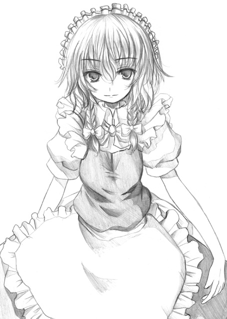 kurona, izayoi sakuya, touhou, eyebrows, 1girl, apron, closed mouth, collar, dress, female focus, frills, greyscale, hair between eyes, looking at viewer, maid headdress, monochrome, puffy short sleeves, puffy sleeves, short sleeves, simple background, smile, solo, waist apron, white background