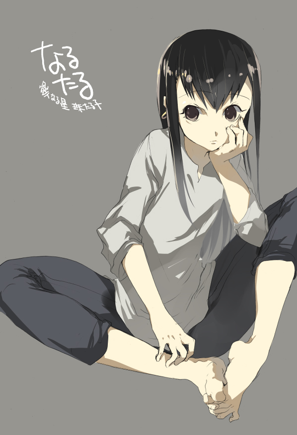 kaimuari, koga norio, narutaru, bad id, bad pixiv id, 1boy, barefoot, black hair, brown eyes, feet, long hair, male focus, simple background, solo, trap