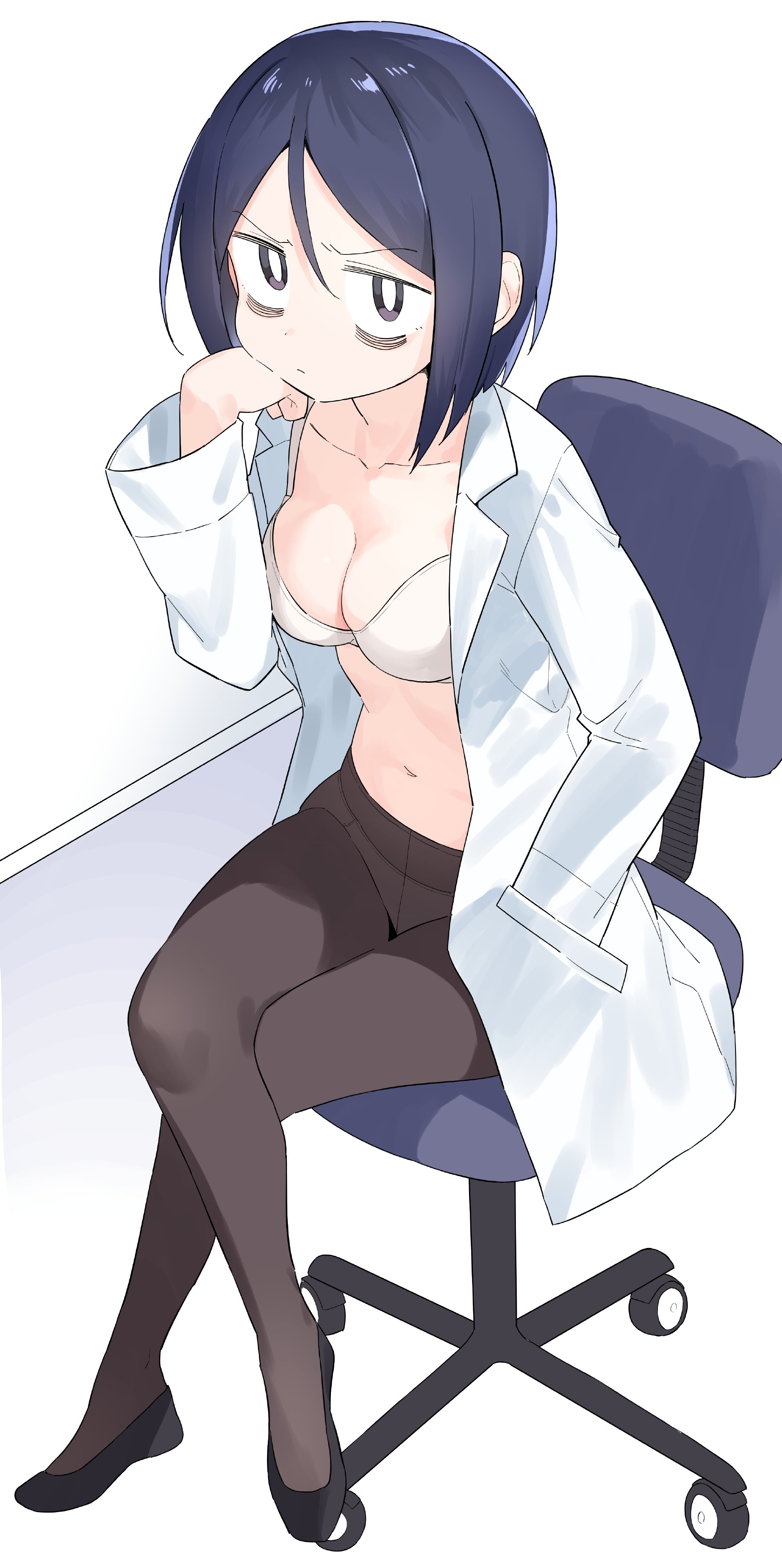 pedopetton, original, absurdres, highres, 1girl, bra, breasts, chair, cleavage, closed mouth, crossed legs, full body, lab coat, long sleeves, looking at viewer, medium breasts, navel, office chair, open clothes, pantyhose, shirt, short hair, sitting, solo, striped background, swivel chair, underwear, white shirt