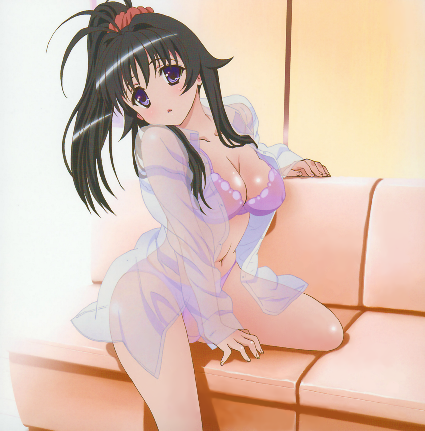takami akio, minamoto chizuru, kanokon, highres, 00s, 1girl, black hair, blue eyes, bra, breasts, cleavage, female focus, lingerie, no nose, open clothes, open shirt, panties, see-through clothes, shirt, solo, underwear