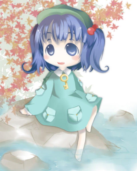 munyumunyu, yuge sasatarou, kawashiro nitori, touhou, 1girl, barefoot, chibi, female focus, hair bobbles, hair ornament, solo, two side up