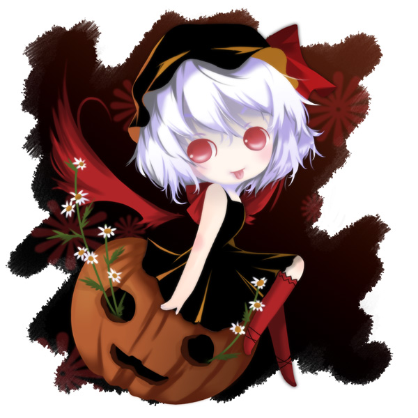 munyumunyu, yuge sasatarou, remilia scarlet, touhou, 1girl, :p, chibi, dress, female focus, flower, halloween, hat, jack-o'-lantern, plant, pumpkin, red eyes, solo, tongue, tongue out