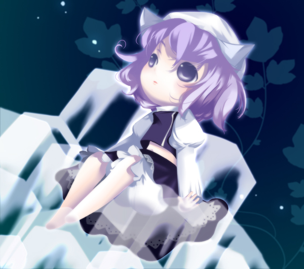 munyumunyu, yuge sasatarou, letty whiterock, touhou, 1girl, barefoot, chibi, female focus, hair between eyes, sitting, solo