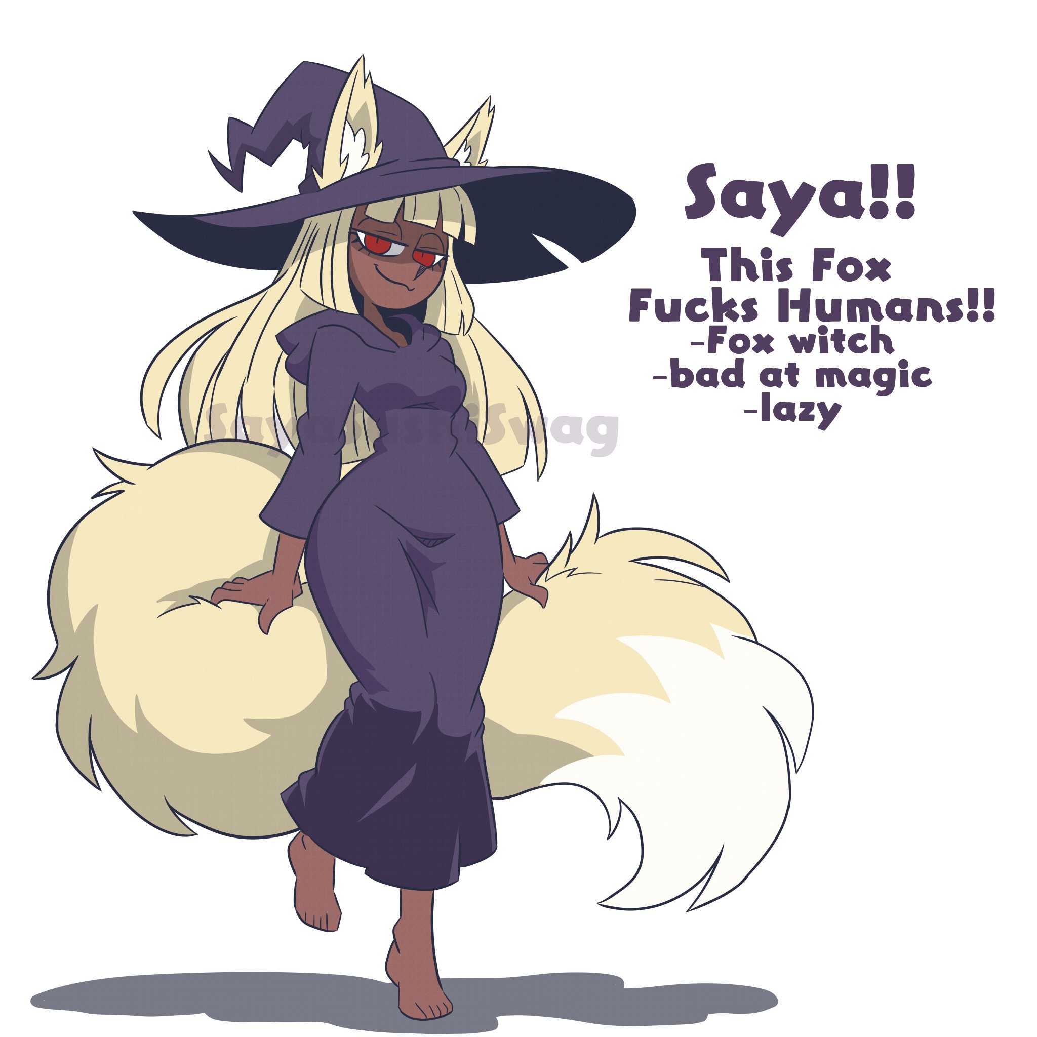 sayasushiswag, original, highres, animal ear fluff, animal ears, black dress, black hat, breasts, dark skin, dress, drop shadow, english text, foot up, fox ears, fox girl, fox tail, hand on own tail, hat, hood, hood down, long sleeves, looking at viewer, red eyes, simple background, standing, standing on one leg, tail, two-tone tail, watermark, white background, white fur, witch hat, yellow fur