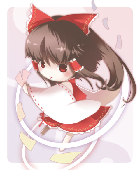 munyumunyu, yuge sasatarou, hakurei reimu, touhou, 1girl, :<, barefoot, chibi, female focus, full body, solo