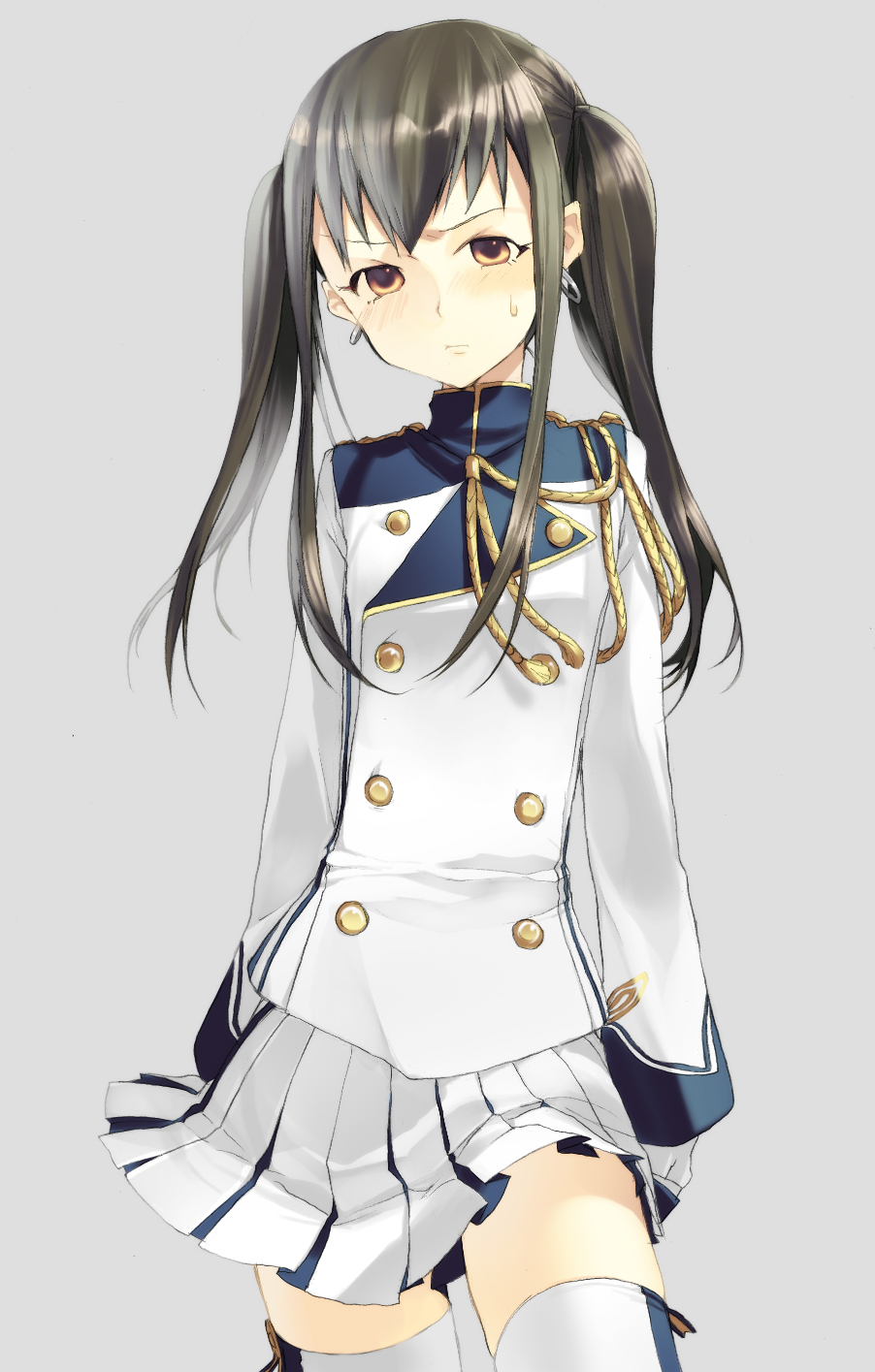kaimuari, koga norio, narutaru, bad id, bad pixiv id, highres, 1boy, band uniform, black hair, blush, brown eyes, earrings, jewelry, male focus, simple background, skirt, solo, sweat, thighhighs, trap, twintails