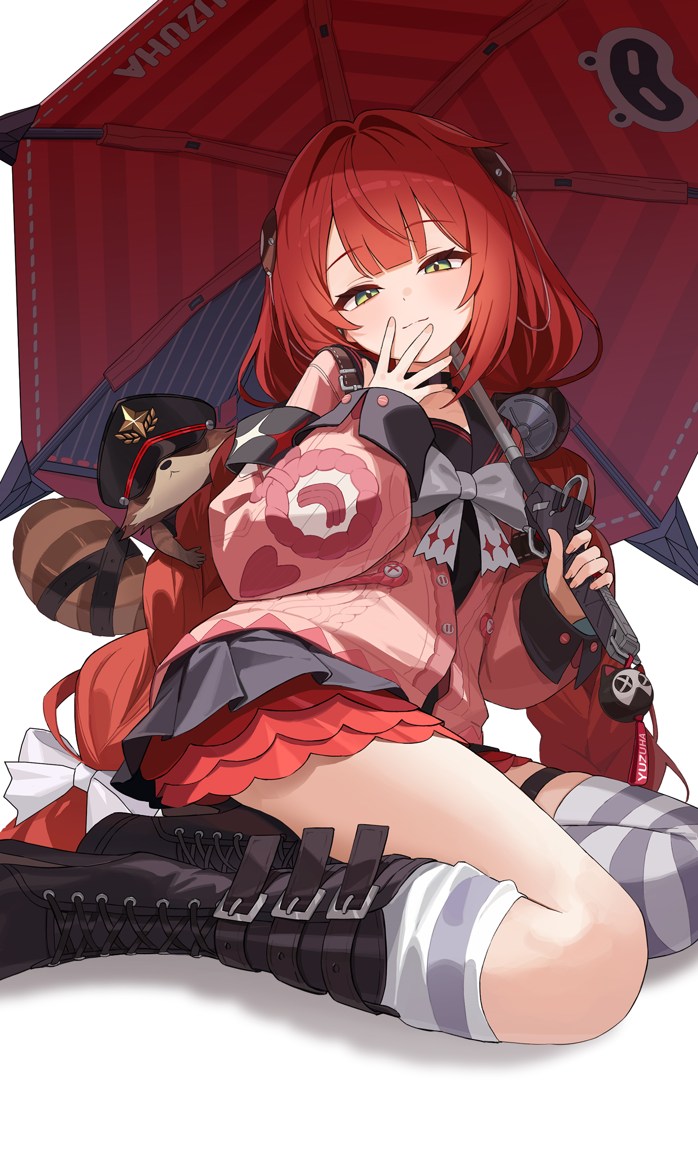 fuwawa (fuwawa617), ukinami yuzuha, zenless zone zero, braided twintails, highres, 1girl, animal on back, black boots, black sailor collar, black serafuku, black shirt, black skirt, boots, braid, cardigan, chest bow, green eyes, hair ornament, hand on own face, holding, holding umbrella, looking at viewer, pink cardigan, red hair, red umbrella, sailor collar, school uniform, serafuku, shirt, simple background, sitting, skirt, solo, sphere hair ornament, striped clothes, striped thighhighs, tanuki, thigh strap, thighhighs, umbrella, white background, yokozuwari