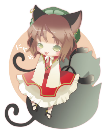 munyumunyu, yuge sasatarou, chen, touhou, 1girl, :3, animal ears, brown hair, cat ears, cat girl, cat tail, chibi, earrings, female focus, hat, jewelry, multiple tails, short hair, solo, tail, yellow eyes