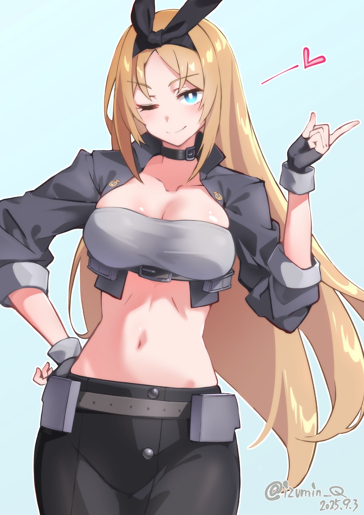 izumi kuma, nelson (kancolle), nelson (race queen) (kancolle), kantai collection, commentary request, highres, 1girl, aqua background, bandeau, black hairband, black skirt, blonde hair, blue eyes, breasts, choker, cropped jacket, dated, fingerless gloves, gloves, grey bandeau, grey choker, grey gloves, grey jacket, hairband, hand on own hip, heart, index finger raised, jacket, large breasts, long hair, looking at viewer, midriff, miniskirt, official alternate costume, one-hour drawing challenge, one eye closed, race queen, simple background, skirt, smile, solo, strapless, tube top, twitter username