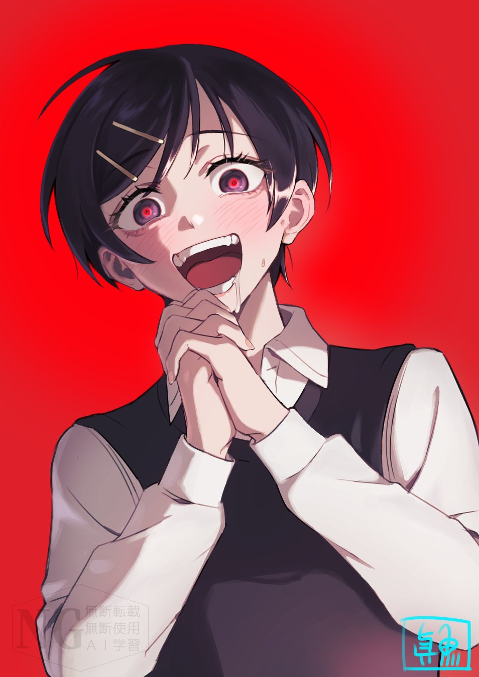 kouyama rin, futsuu no keion-bu, commentary, highres, 1girl, :d, artist logo, black hair, black sweater vest, blush, collared shirt, crazy eyes, crazy smile, dress shirt, drooling, hair ornament, hairpin, interlocked fingers, logo, long sleeves, looking at viewer, masakana ena, multicolored eyes, open mouth, own hands clasped, own hands together, parted bangs, pixie cut, purple eyes, red background, red eyes, school uniform, shirt, short hair, simple background, smile, solo, sweater vest, teeth, two-tone eyes, upper body, watermark, white shirt, wing collar