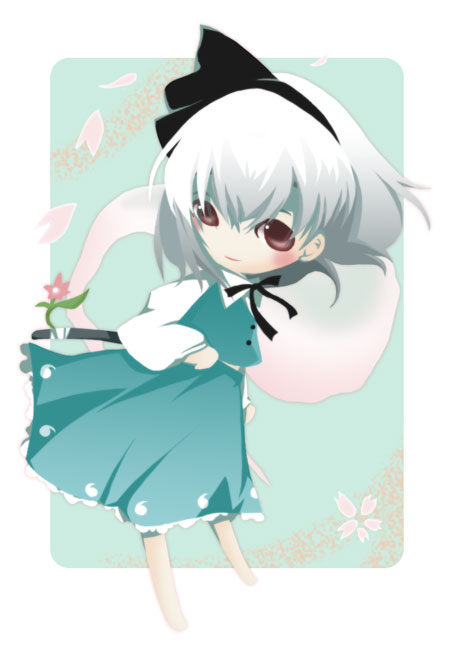 munyumunyu, yuge sasatarou, konpaku youmu, konpaku youmu (ghost), touhou, 1girl, barefoot, chibi, female focus, hitodama, solo