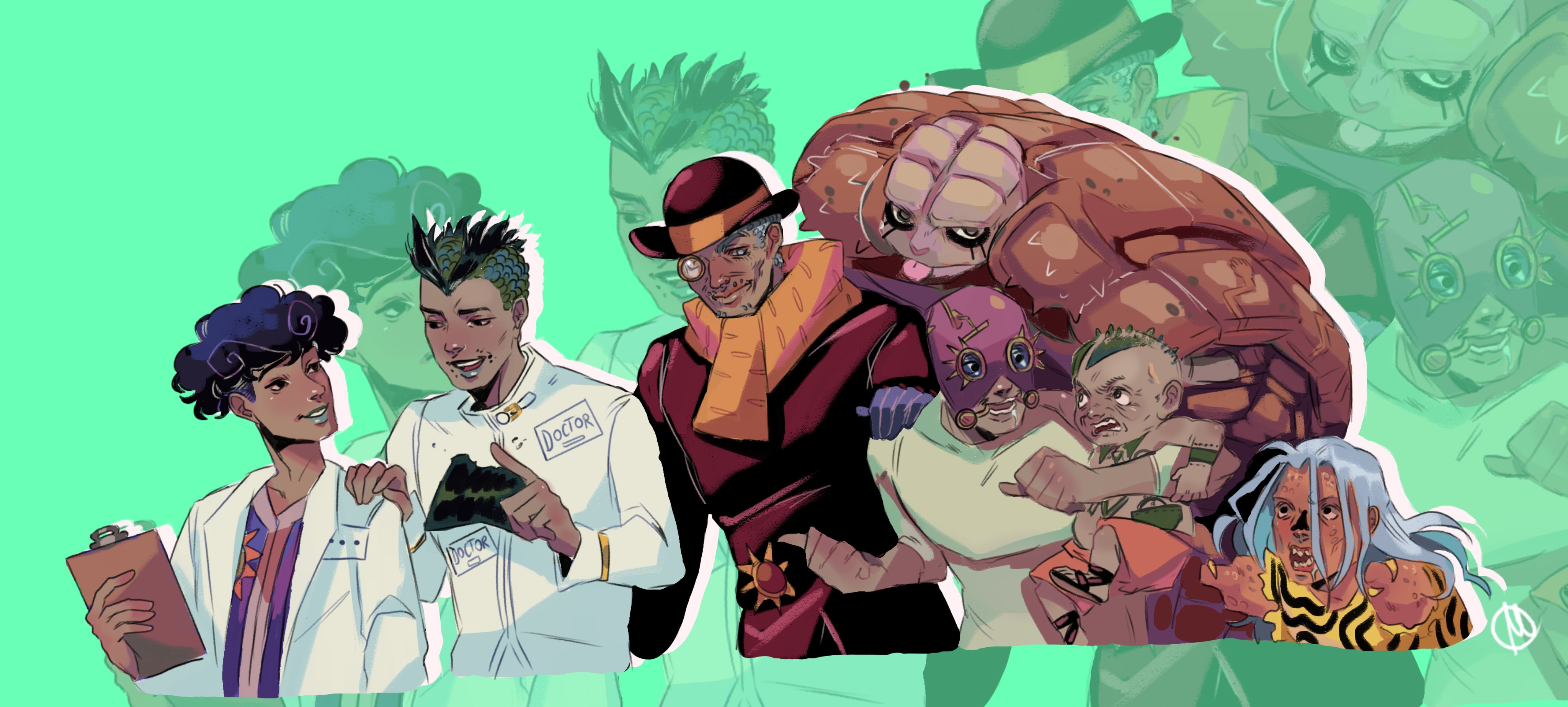 martycesar, akefu satoru, tooru (jojolion), wonder of u, jojo no kimyou na bouken, jojolion, absurdres, commentary, english commentary, highres, 5boys, afro, amputee, animal, aqua background, beard, black hair, blue hair, bowler hat, brown coat, brown eyes, brown hat, clipboard, coat, curly hair, dark-skinned male, dark skin, doctor, dolomite (jojolion), doremifasolati do, dreadlocks, facial hair, gloves, green hair, grey hair, grey lips, hand on another's shoulder, hat, holding, holding clipboard, lab coat, long hair, long sleeves, male focus, mohawk, monocle, multiple boys, mustache, no nose, notepad, orange scarf, orange shorts, pointing, poor tom (jojolion), purple gloves, purple hair, purple mask, purple shirt, scarf, shirt, short hair, shorts, sleeveless, sleeveless shirt, smile, stand (jojo), teeth, undercut, urban guerrilla (jojolion), white coat, wu tomoki, yellow shirt, zoom layer