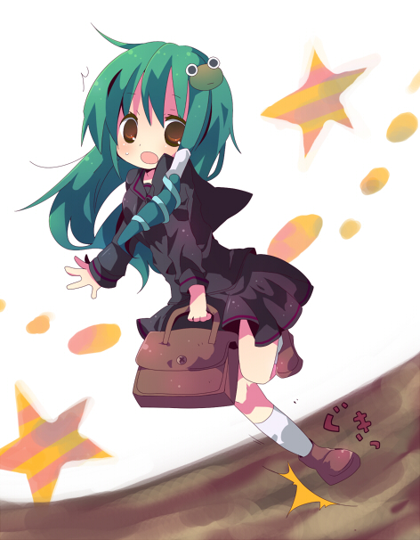ana (rznuscrf), kochiya sanae, touhou, 1girl, ^^^, alternate costume, bag, brown eyes, female focus, green hair, hair ornament, long hair, school bag, school uniform, serafuku, solo, star (symbol), tripping