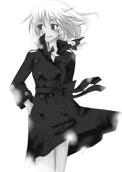 nishino miyuki, izayoi sakuya, touhou, 1girl, coat, female focus, greyscale, monochrome, solo, trench coat, white background