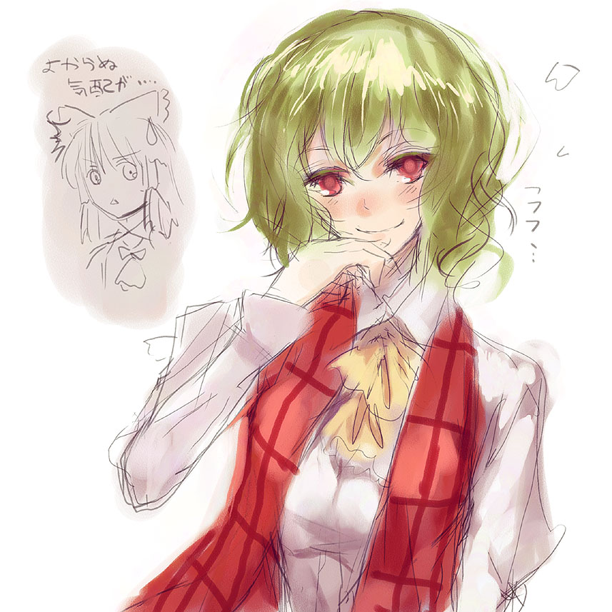 nokishita, hakurei reimu, kazami yuuka, touhou, 2girls, ascot, bow, female focus, green hair, hair bow, hand to own mouth, multiple girls, plaid clothes, plaid vest, red eyes, short hair, sketch, smile, sweatdrop, upper body, vest