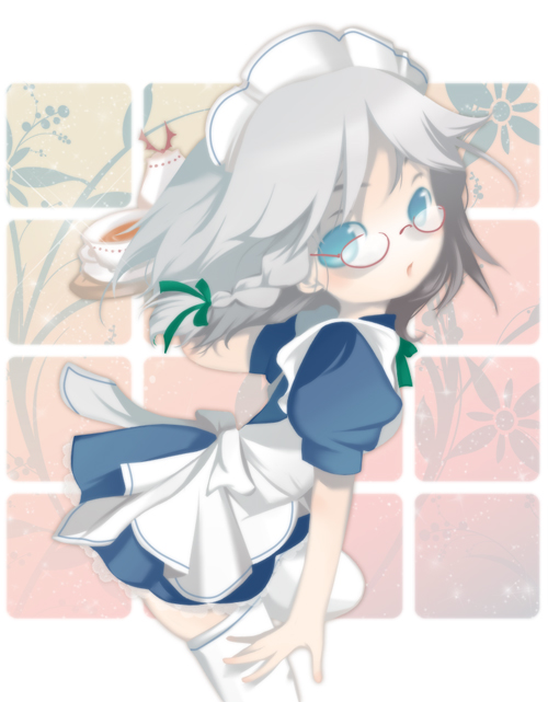 munyumunyu, yuge sasatarou, izayoi sakuya, touhou, silver hair, 1girl, bespectacled, blue eyes, braid, female focus, glasses, maid, short hair, solo, thighhighs, twin braids