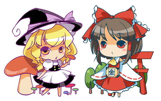 munyumunyu, yuge sasatarou, hakurei reimu, kirisame marisa, touhou, 2girls, box, chibi, donation box, female focus, full body, hat, multiple girls, mushroom, plant, simple background, torii, white background