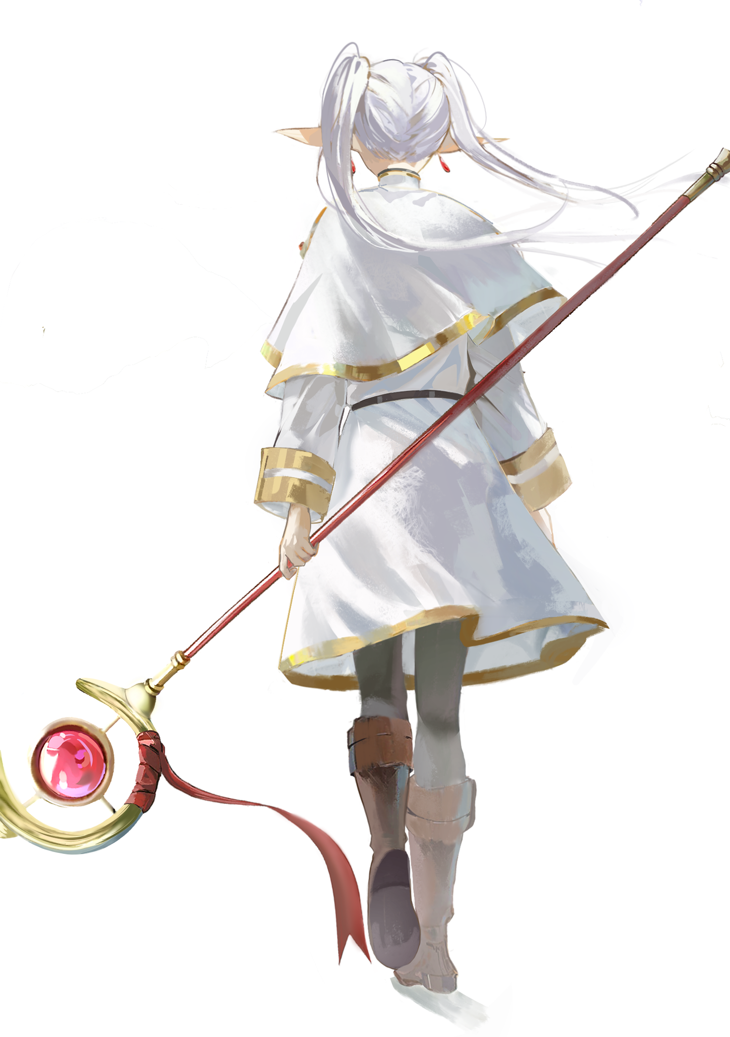mosaic0614, frieren, sousou no frieren, highres, 1girl, black pantyhose, boots, brown boots, capelet, dress, earrings, elf, from behind, holding, holding staff, jewelry, long hair, pantyhose, pointy ears, solo, staff, twintails, white capelet, white dress, white hair