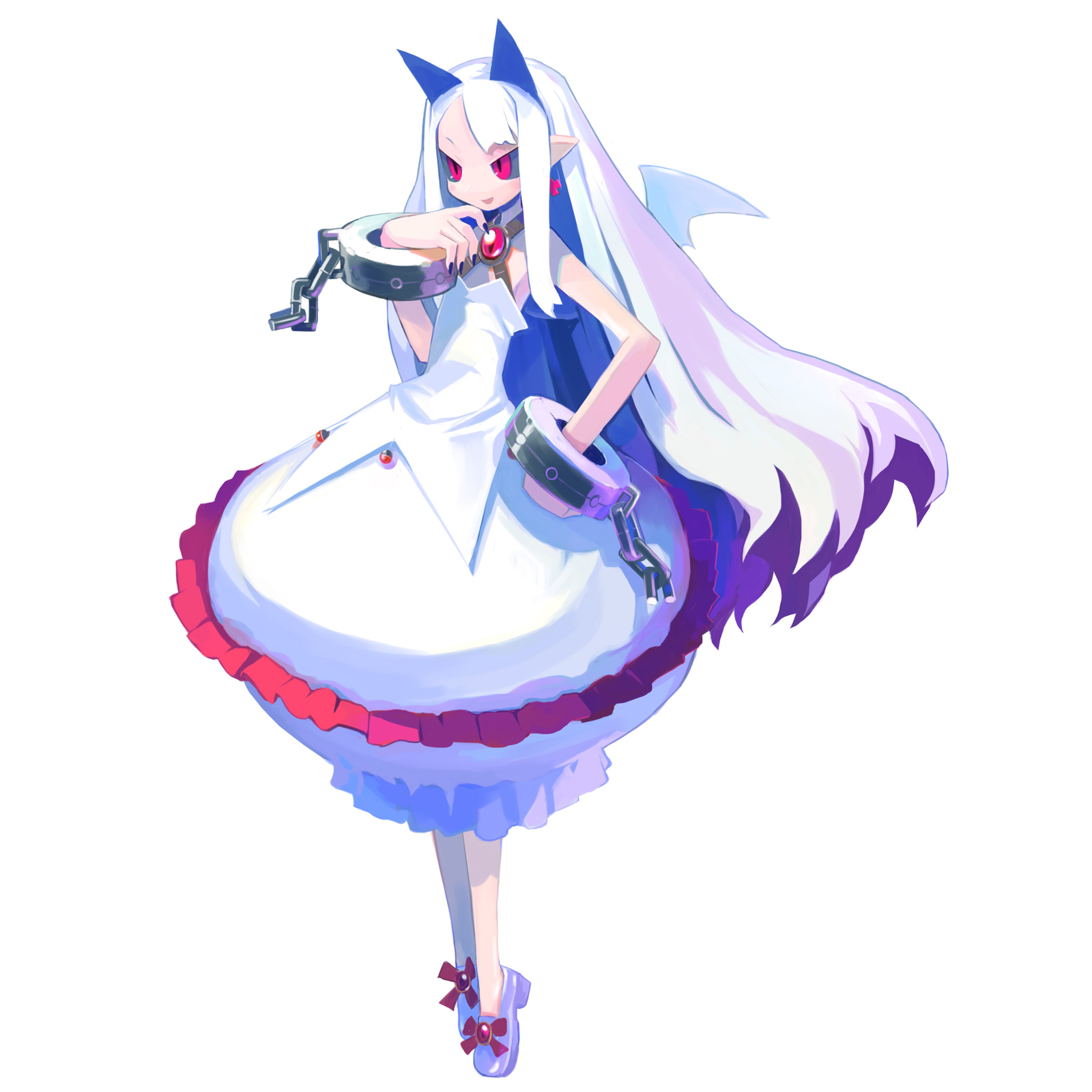 harada takehito, pram (phantom kingdom), disgaea, nippon ichi, phantom kingdom, highres, official art, 1girl, albino, bat wings, black sclera, bubble skirt, colored sclera, cuffs, demon girl, dress, earrings, female focus, hand on own hip, jewelry, long hair, pointy ears, red eyes, shackles, shoes, skirt, smile, solo, white hair, wings