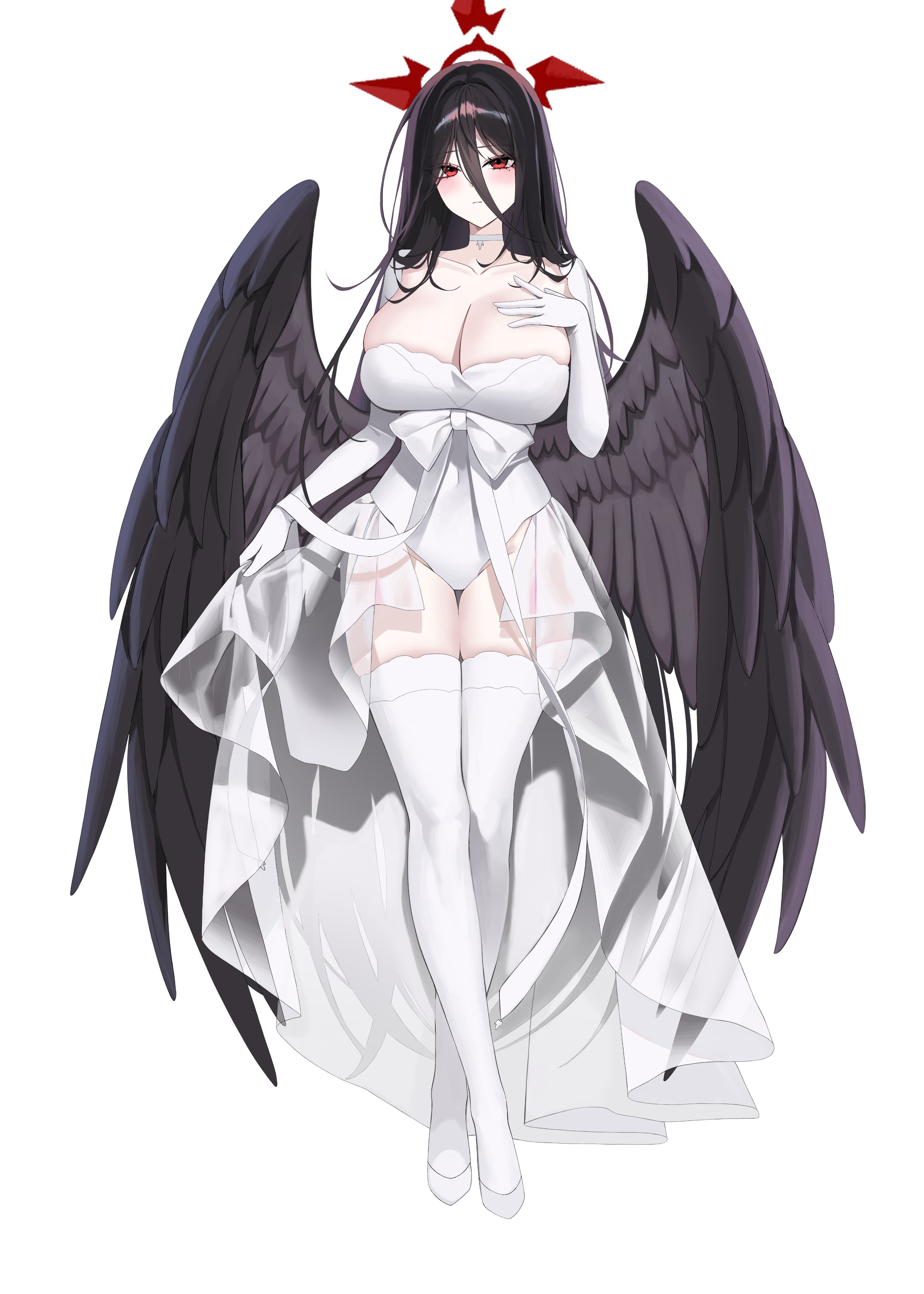 kirat kr, hasumi (blue archive), blue archive, absurdres, commentary, highres, 1girl, black hair, black wings, blush, bow, breasts, choker, cleavage, closed mouth, collarbone, covered navel, feathered wings, full body, gloves, hair between eyes, halo, hand on own chest, large breasts, long hair, looking at viewer, red eyes, red halo, shoes, solo, standing, thighhighs, very long hair, white bow, white choker, white gloves, white shoes, white thighhighs, wings