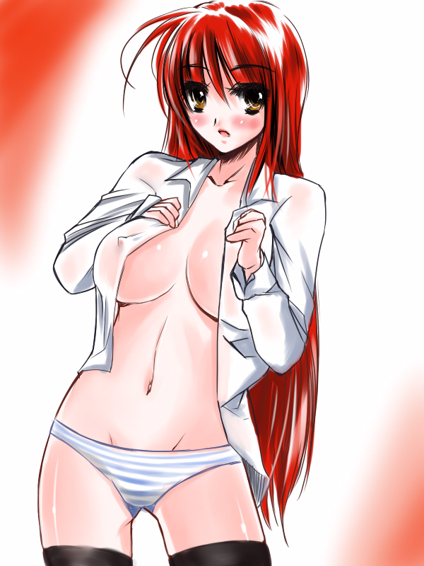 atoshi, original, bad id, bad pixiv id, blush, breasts, brown eyes, huge breasts, large breasts, long hair, no bra, open clothes, open shirt, panties, red hair, shirt, solo, striped clothes, striped panties, thighhighs, underwear