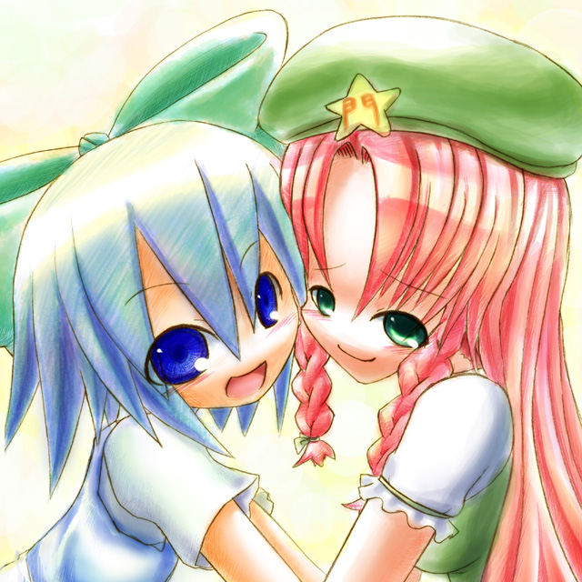 kuresento, cirno, hong meiling, shoot the bullet, touhou, 2girls, blue eyes, blue hair, bow, female focus, green eyes, multiple girls, quality, red hair