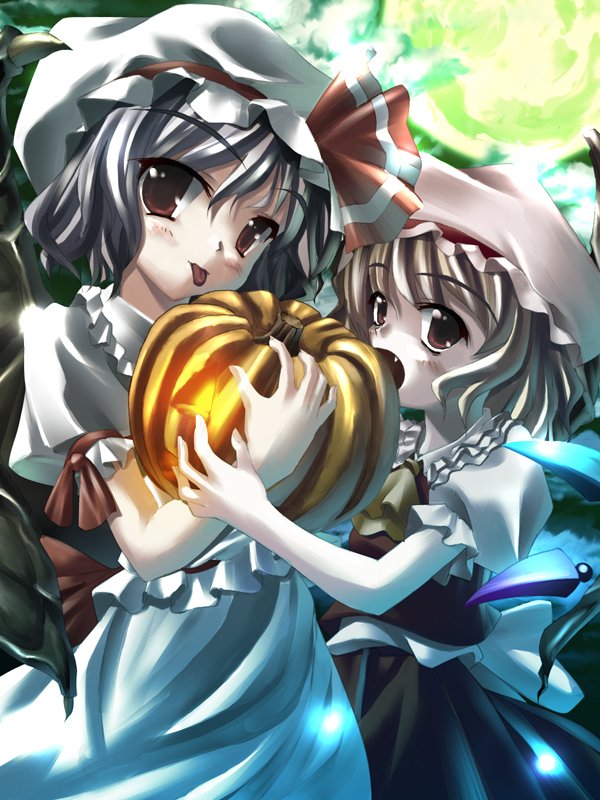 ichio, flandre scarlet, remilia scarlet, touhou, bad id, bad pixiv id, 2girls, fang, female focus, hat, jack-o'-lantern, multiple girls, pumpkin, siblings, sisters, skirt, tongue