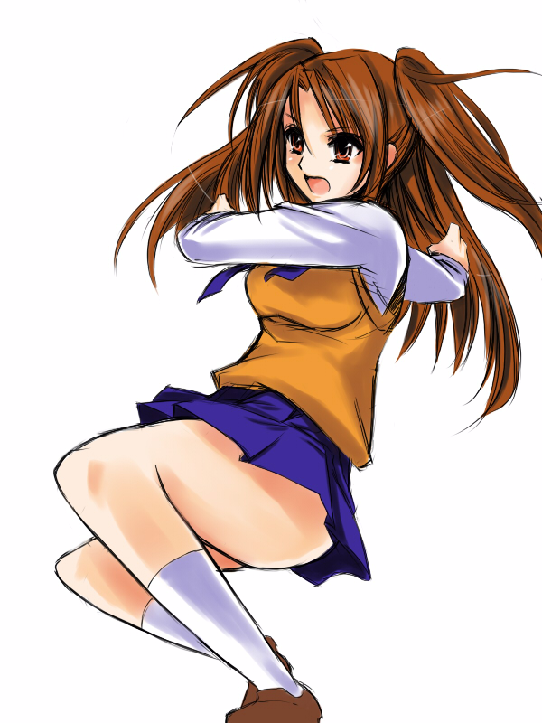 atoshi, yumizuka satsuki, tsukihime, bad id, bad pixiv id, 00s, 1girl, bad anatomy, blue skirt, brown eyes, brown hair, female focus, long hair, poorly drawn, school uniform, serafuku, skirt, solo, twintails, two side up