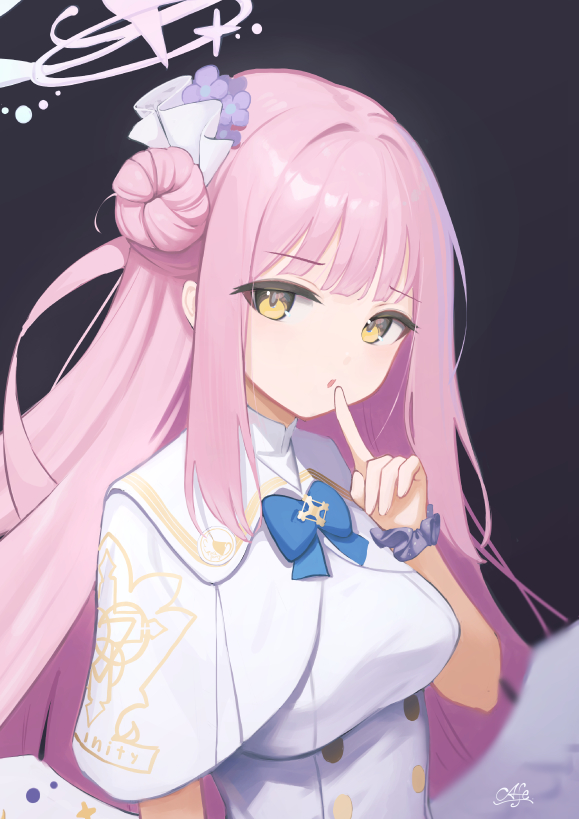 afe., mika (blue archive), blue archive, 1girl, angel wings, black background, breasts, buttons, capelet, dress, feathered wings, flower, hair bun, hair flower, hair ornament, high-waist skirt, index finger raised, long hair, looking at viewer, low wings, medium breasts, open mouth, pink hair, scrunchie, simple background, single hair bun, single side bun, skirt, solo, upper body, very long hair, white capelet, white dress, white wings, wing ornament, wings, wrist scrunchie, yellow eyes