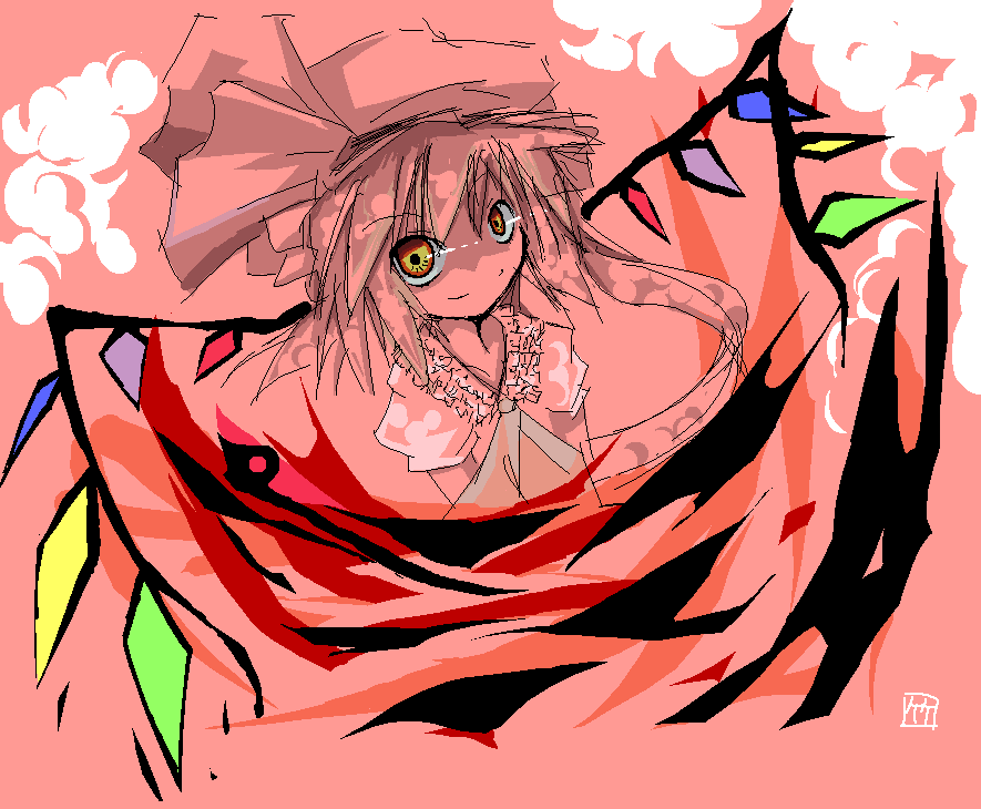 take tonbo, flandre scarlet, touhou, bad id, bad pixiv id, 1girl, ascot, female focus, hat, hat ribbon, looking at viewer, mob cap, monochrome, orange eyes, puffy sleeves, red theme, ribbon, side ponytail, solo, wings