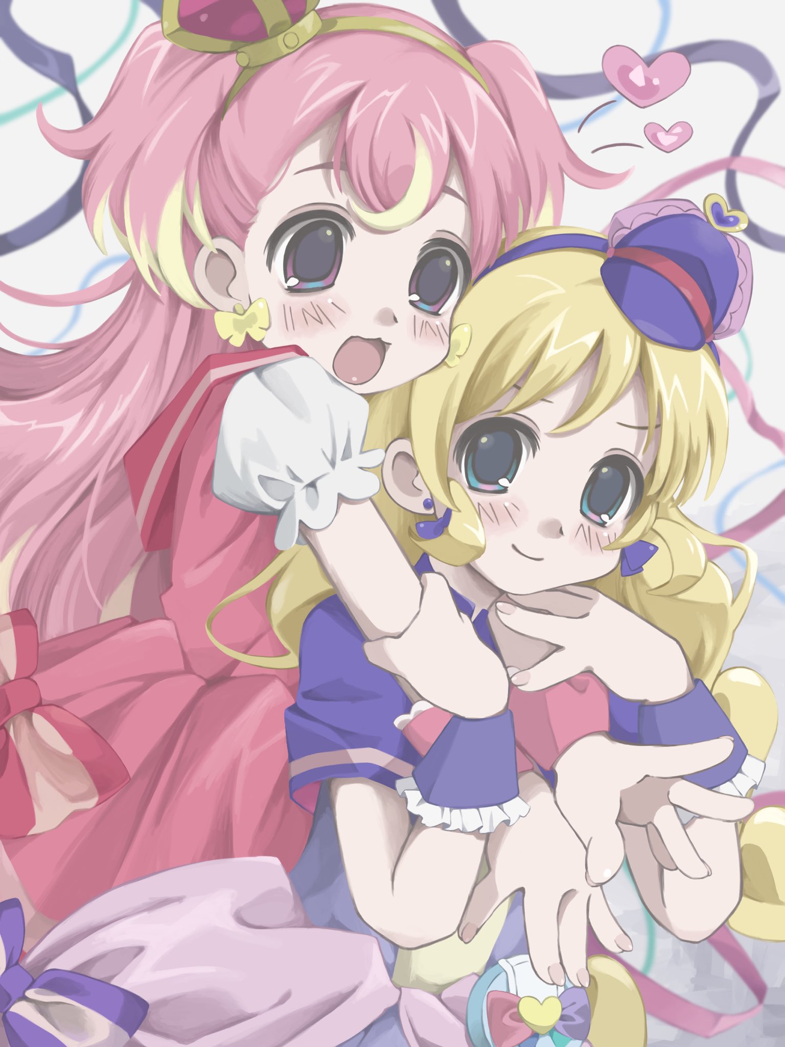 nekotan (necotqn), cure friendy, cure wonderful, inukai iroha, inukai komugi, precure, wonderful precure!, highres, 2girls, aqua eyes, blonde hair, butterfly earrings, capelet, crown, deerstalker, double bun, dress, earrings, hair bun, hat, hug, hug from behind, jewelry, long hair, looking at viewer, magical girl, mini crown, mini hat, multicolored hair, multiple girls, pink dress, pink eyes, pink hair, puffy short sleeves, puffy sleeves, purple capelet, purple dress, short sleeves, smile, streaked hair, two side up, wrist cuffs
